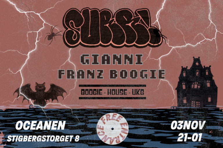 Affisch bild. Text på brun bakgrund med halloween-tema. I text står 